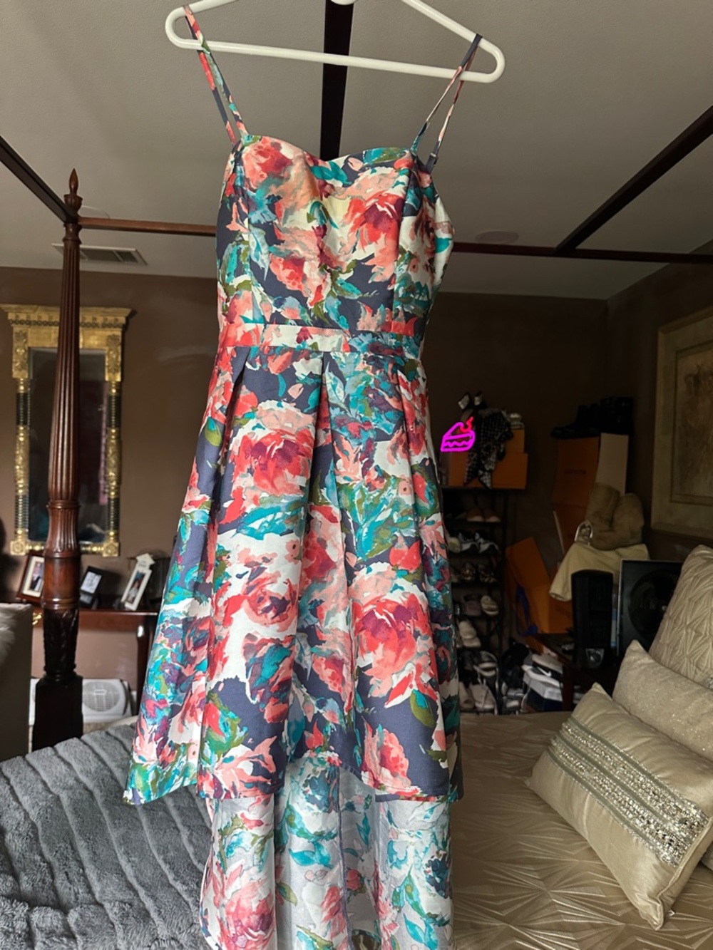 VENUS Navy Floral High-Low Spaghetti Strap Dress with Coral and Teal Accents - Picture 5 of 8